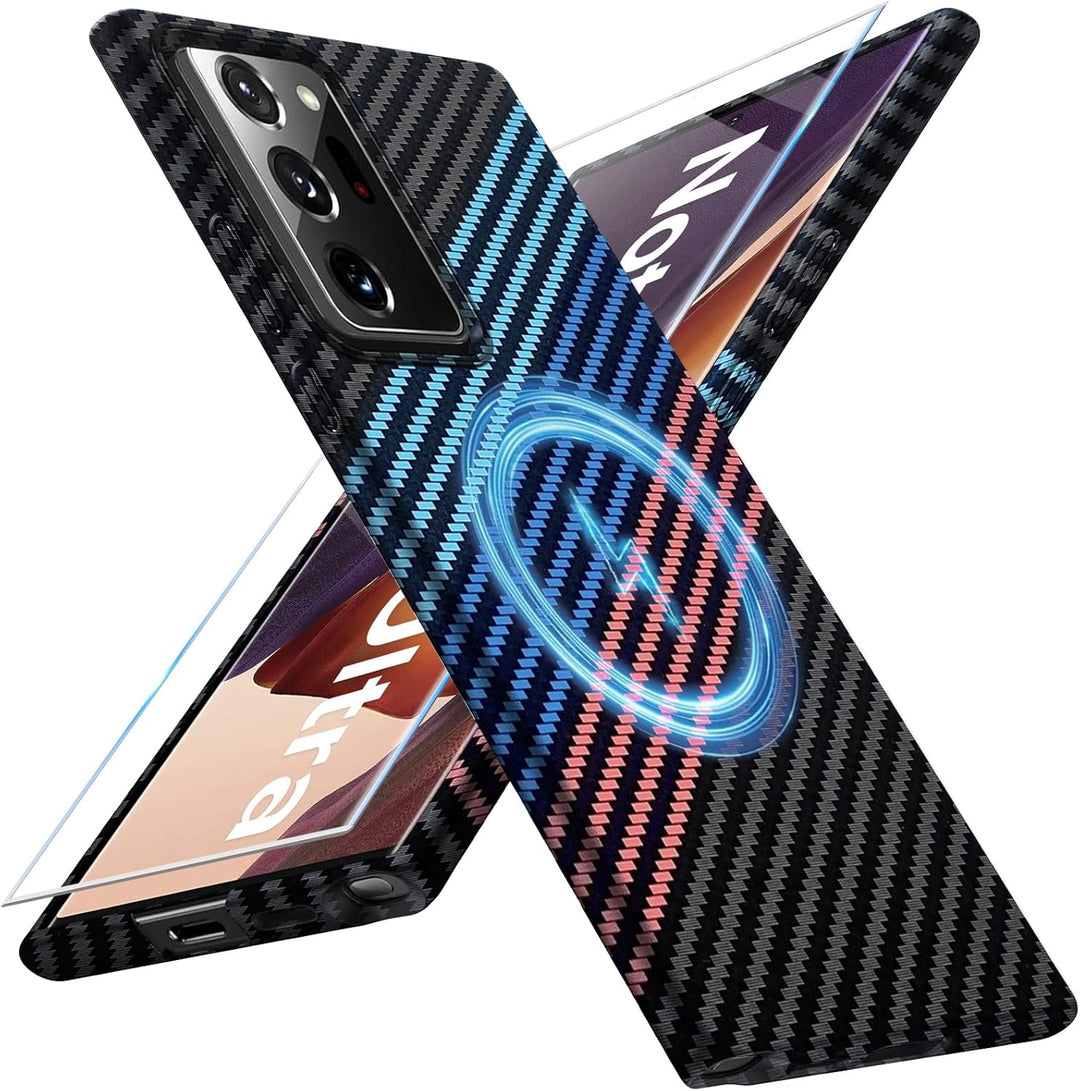 für Samsung Galaxy Note 20 Ultra Hülle Magnetisch mit Panzerglas, Carbonfaser Optik Handyhülle, Stos