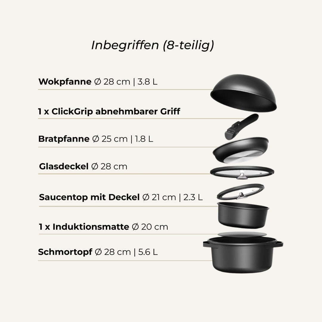 Essential Topf und Pfannenset 8-teilig Induktion, Abnehmbarer Griff, Stapelbar, Platzsparend, Backof