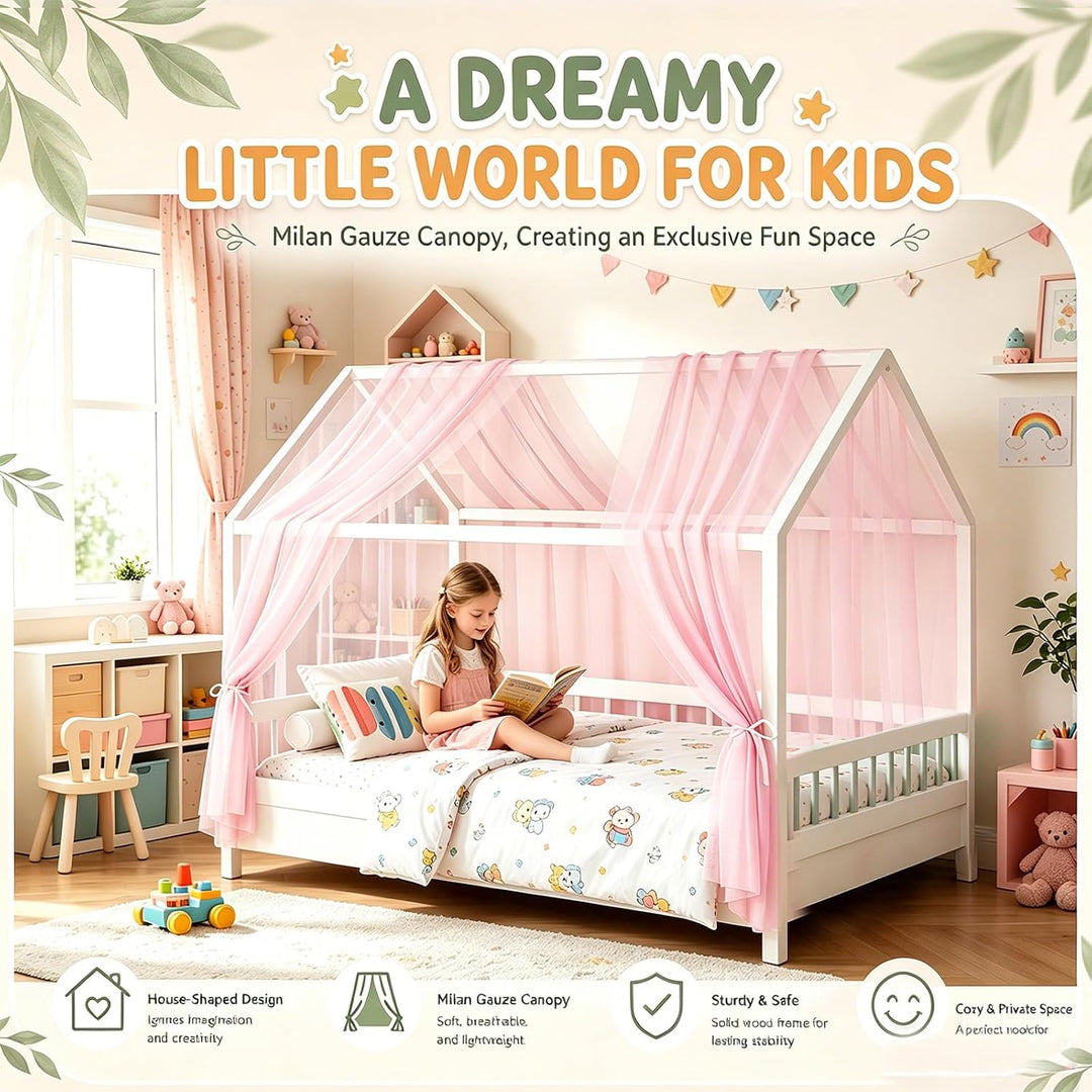 Hausbett Himmel Set 2-TLG - Betthimmel 150x350cm für Kinderbett Deko - Aus Atmungsaktivem Musselin m