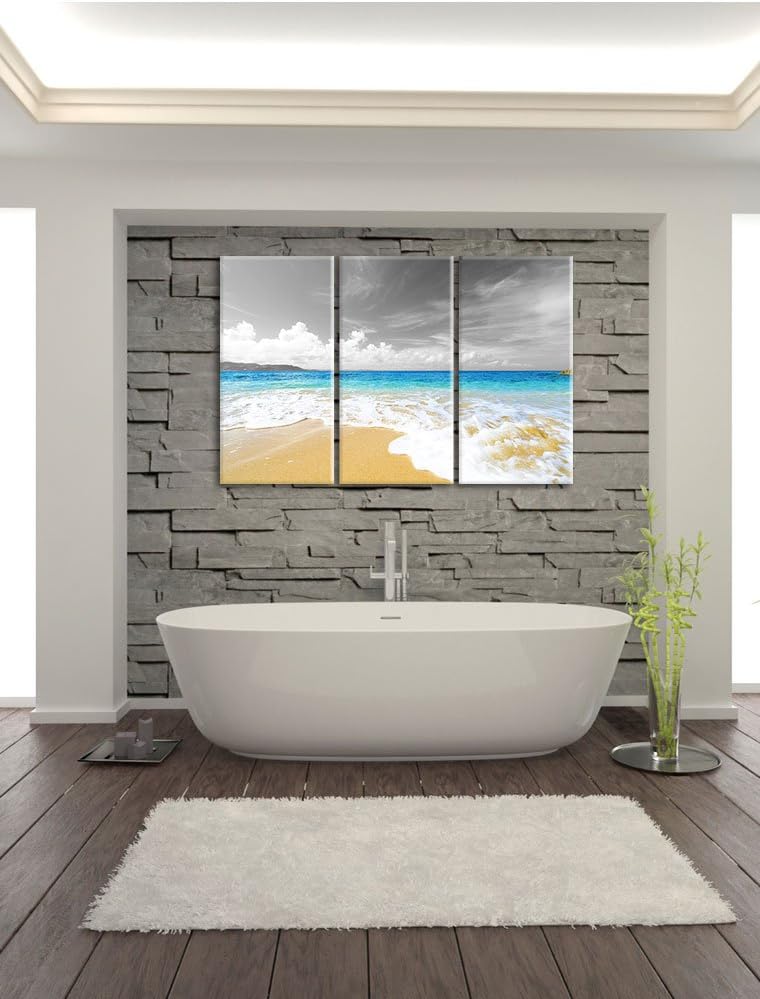 Pixxprint Sandstrand mit Welle bei azurblauen Himmel schwarz/weiss 3-Teiler Leinwandbild 120x80 Bild