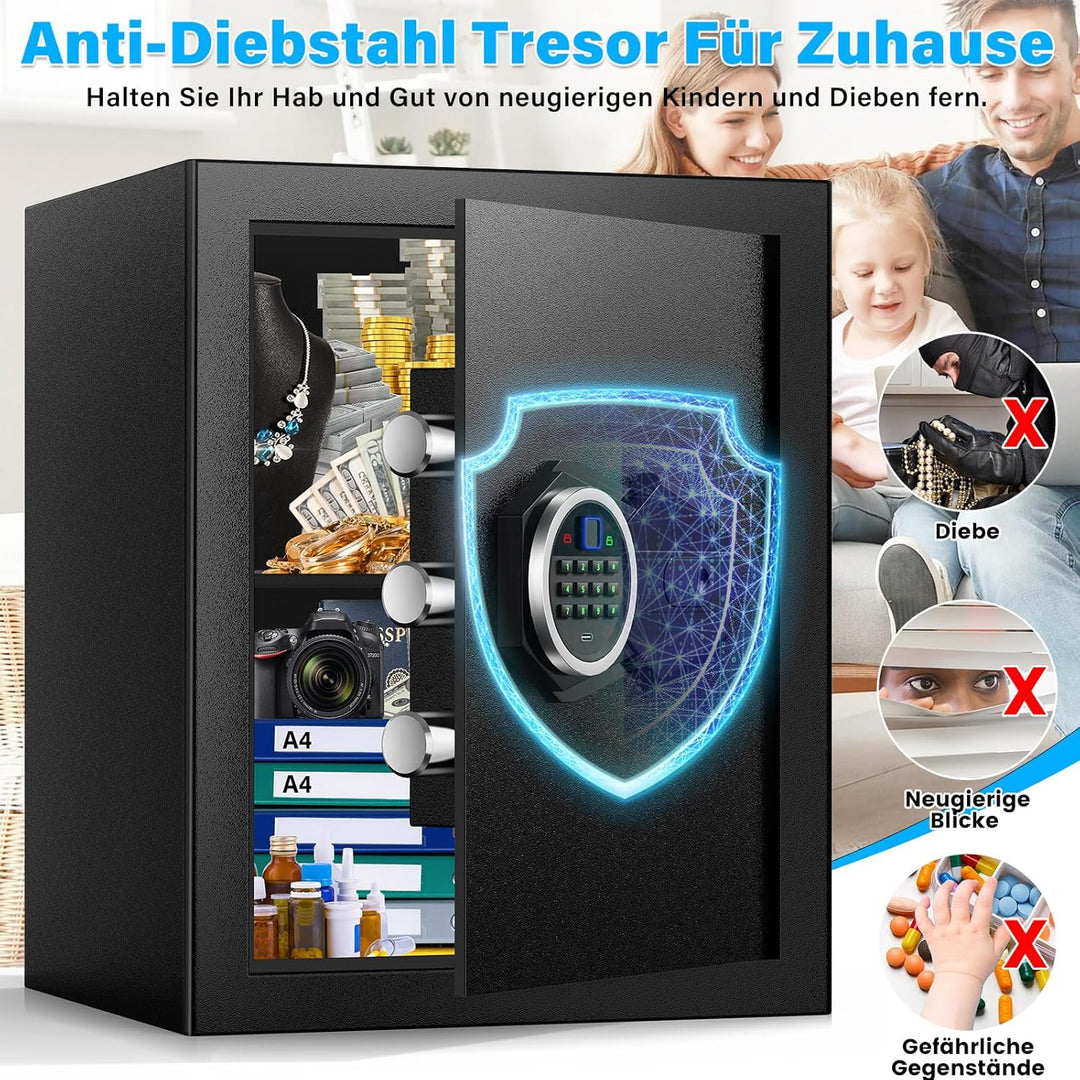Mejasg 45L Safe Tresor Fingerabdruck mit A4 Feuerfester Tasche, Fingerabdruck Tresor für Zuhause mit