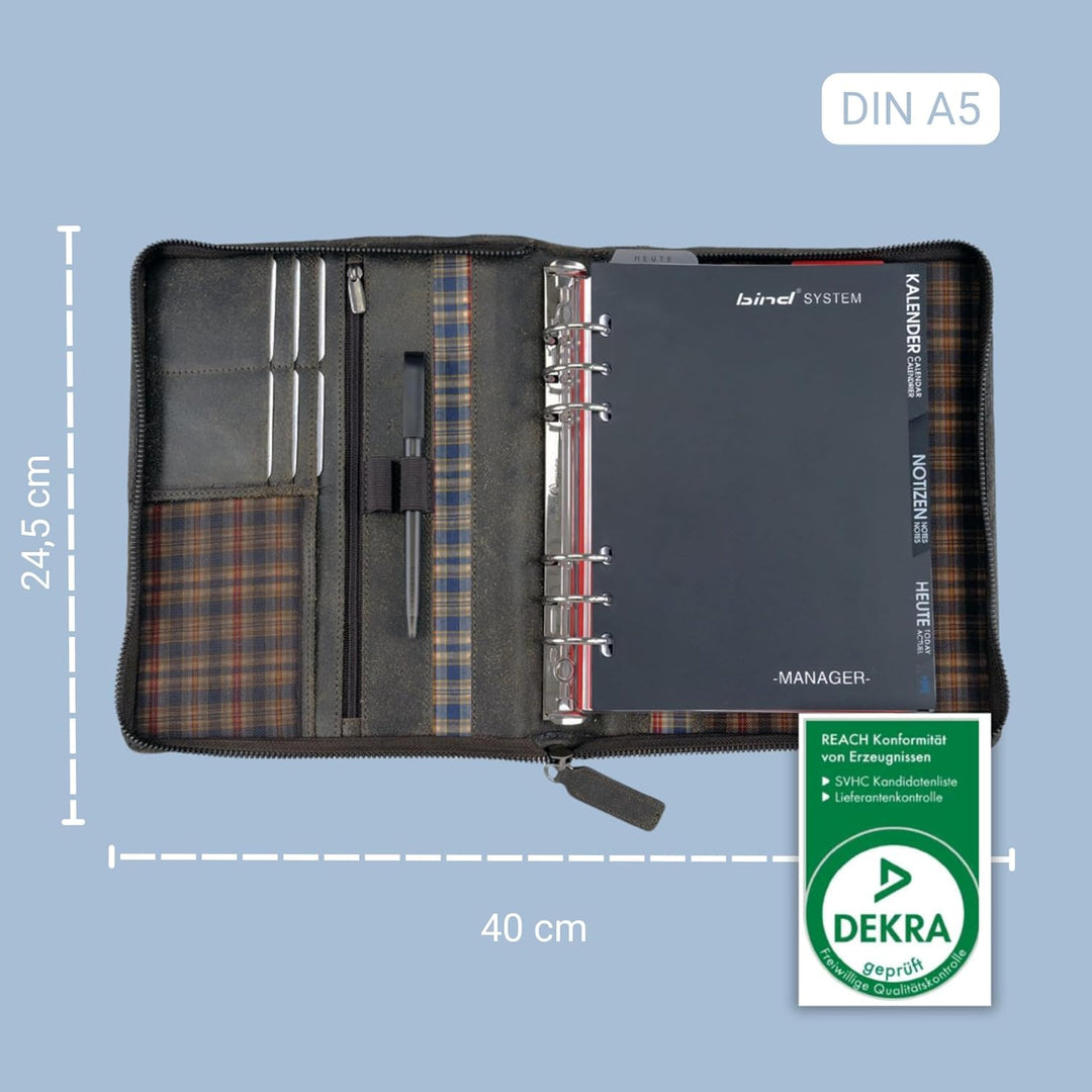 Bind 15503 - Systemplaner Mappe aus split washed Leder in Vintage Optik, braun, ca. 24,5 × 20 × 4 cm