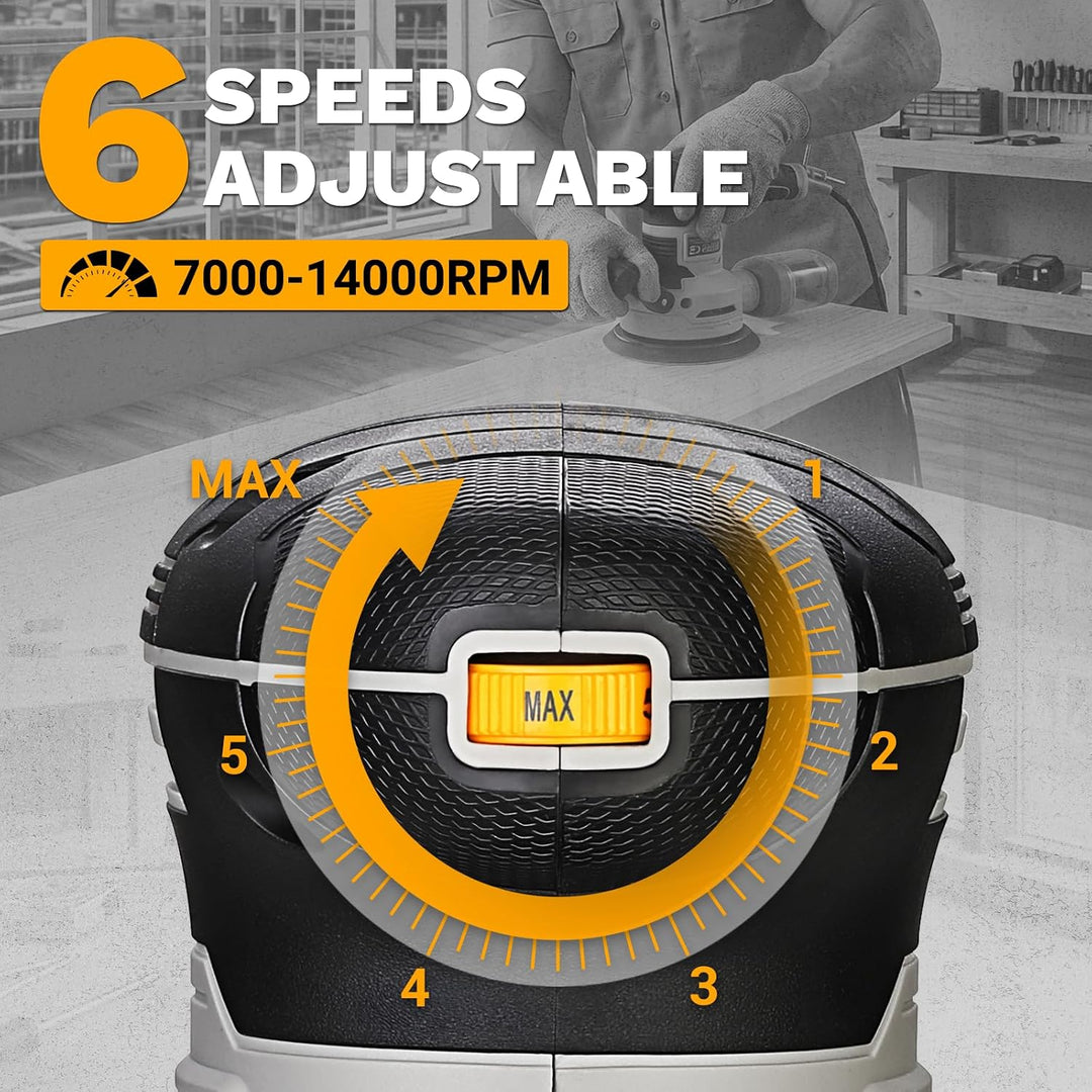DEKOPRO 450W Schleifmaschine, Exzenterschleifer 125mm mit 6 Geschwindigkeiten, Max.14000 U/min, Schl