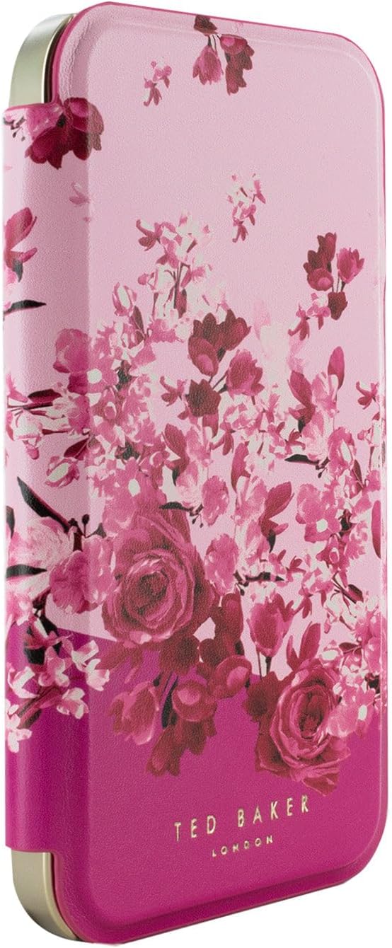 Ted Baker ALSTRO Pink Scattered Flowers Mirror Folio Phone Case for iPhone 13/14 Gold Shell
