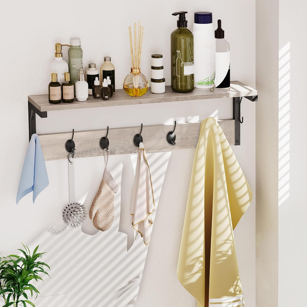 HOOBRO Wandgarderobe, Wandregal mit 7 Haken und Ablage, Hängeregal mit Garderobenleisten, Wandmontag