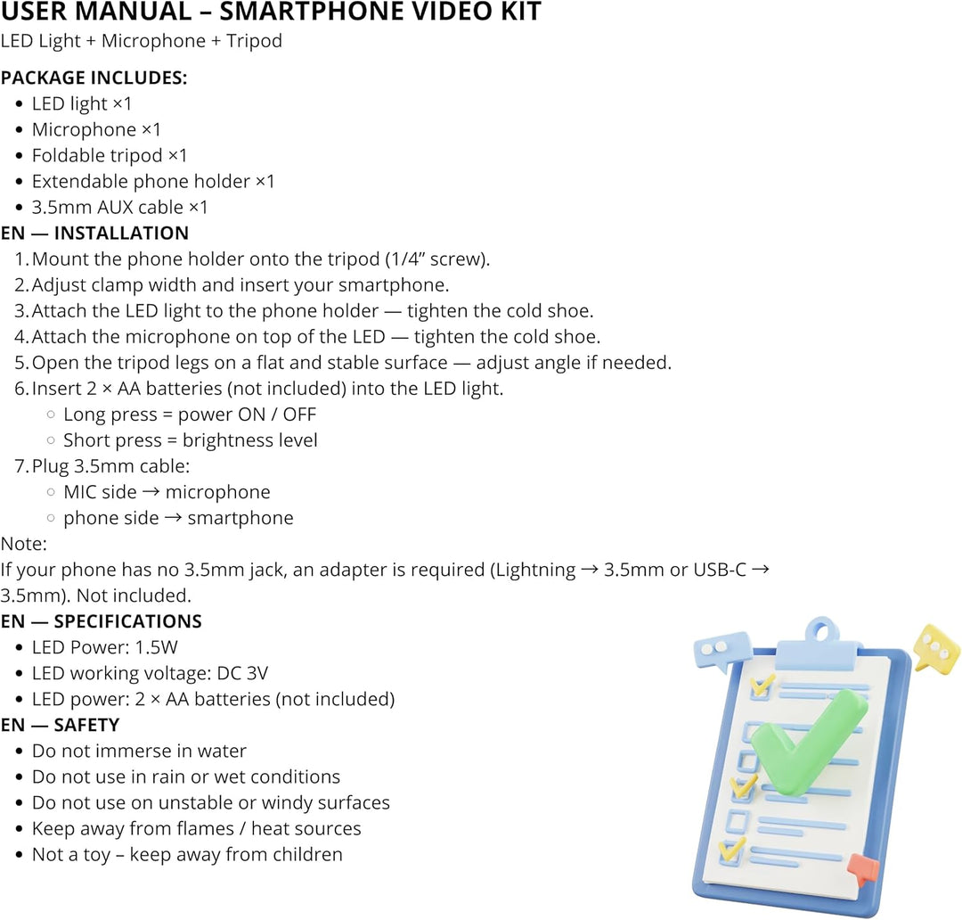 PARENCE.- Komplettes Vlogging-Set für Smartphone – verstellbares Stativ, Richtmikrofon, LED-Beleucht