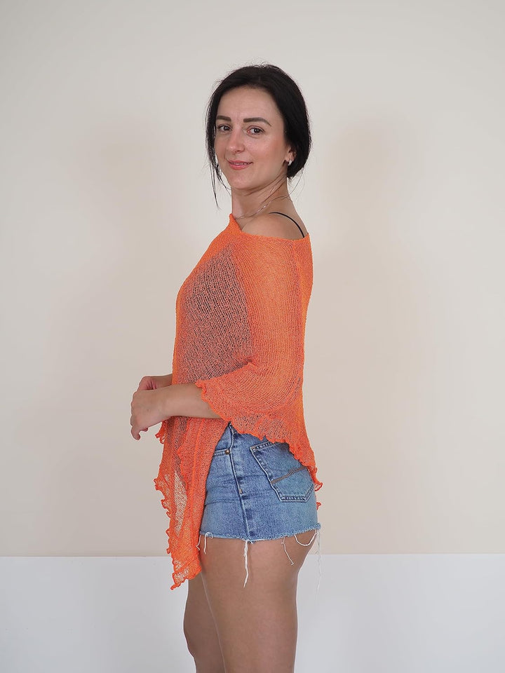 Mimosa Damen Poncho, Stretch, Spitze, Fischnetz, Bali, gehäkelt, Fledermausärmel, Rüschen, klein, Or