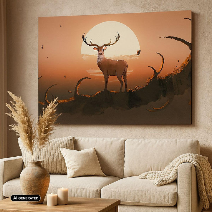 Bilder auf Leinwand Hirsch Geweih Hörner Leinwandbild mit Rahmen 70x50cm Wandbilder Dekoration Wohnz