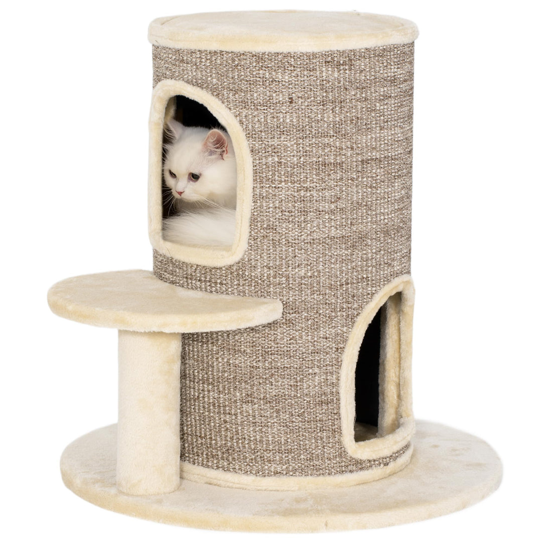 PawHut Kratztonne für Katzen, 61 cm Hoch Katzentonne mit 2 Höhlen, Kratzbaum mit Sprungplattform, Ka