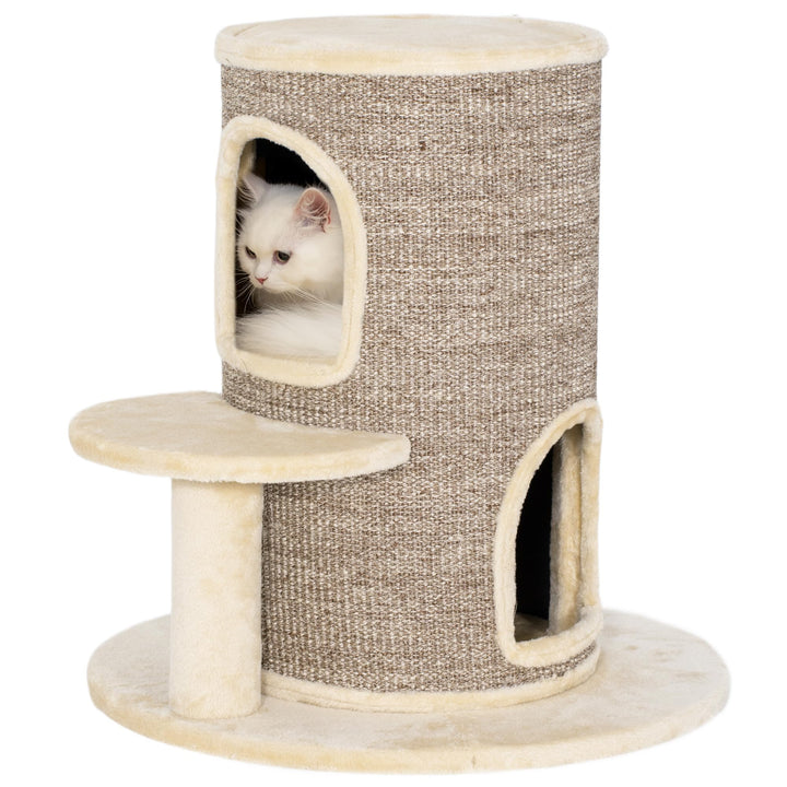 PawHut Kratztonne für Katzen, 61 cm Hoch Katzentonne mit 2 Höhlen, Kratzbaum mit Sprungplattform, Ka