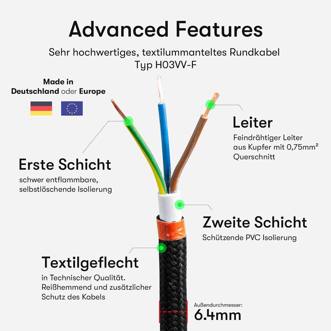 Textilkabel für Lampe, Rundkabel, dreiadrig (3x0.75mm²), Leinen - 10 Meter 10 Meter Leinen, 10 Meter