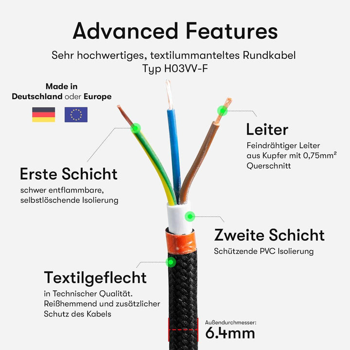Textilkabel für Lampe, Rundkabel, dreiadrig (3x0.75mm²), Leinen - 10 Meter 10 Meter Leinen, 10 Meter