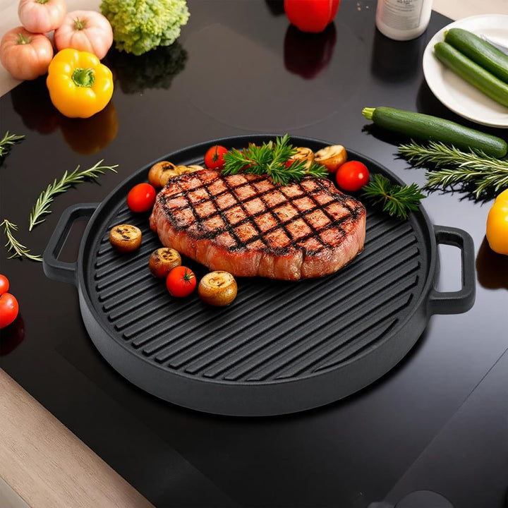Spetebo Gusseisen Grillplatte 30 cm - Gusspfanne mit Griff rund - Grill Pfanne Bratpfanne Platte Ind