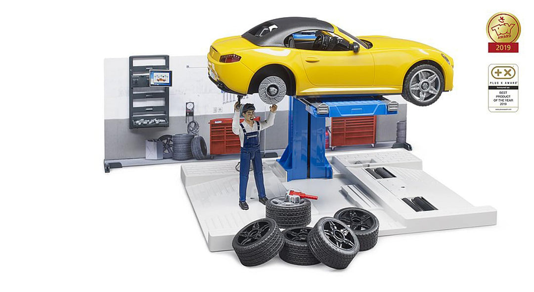 bruder 62110 - Bworld PKW-Werkstatt inklusive Roadster - 1:16 Auto-Werkstatt Mechaniker Spielzeug-Fi