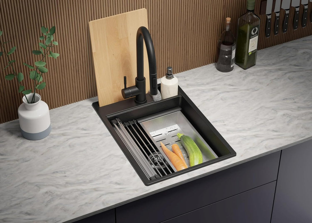 PRIMAGRAN Spülbecken Schwarz 38x53cm, Granitspüle 1 Becken + Ablauf-Set, Küchenspüle ab 40er Untersc