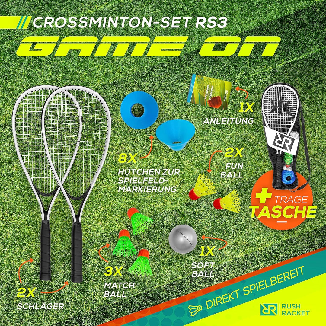 Rush Racket Set RS3 Speed Badminton Set 5-teilig (2X Schläger, 5X Federbälle, 1x Softball, 8X Feldma