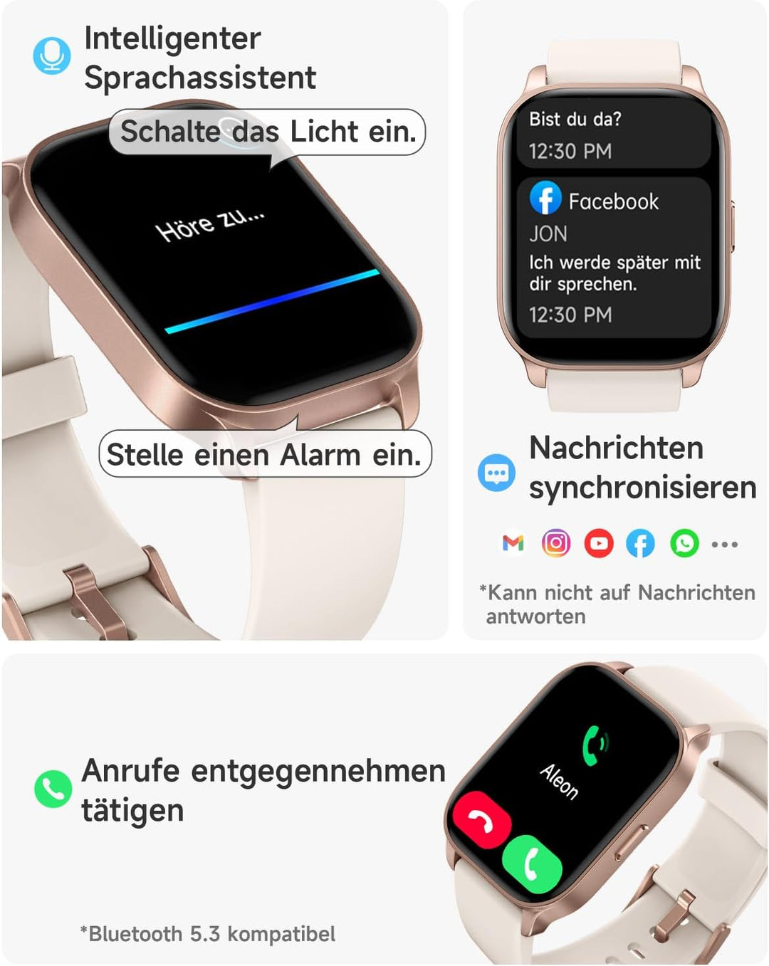 TOOBUR Smartwatch für Damen und Herren, Anrufe entgegennehmen/tätigen, Fitness-Tracker mit Herzfrequ