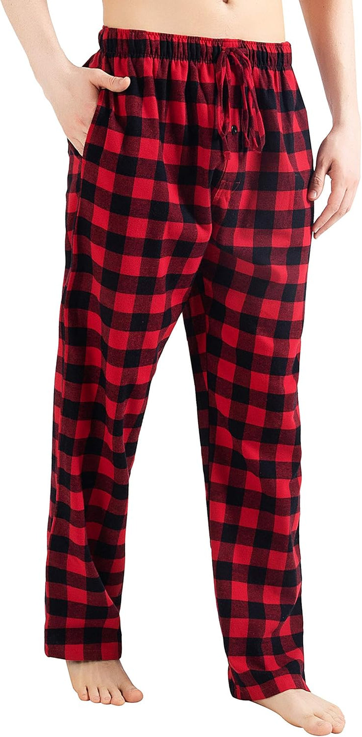 Herren 100% Baumwolle Flanell Bequeme Pyjama/Lounge Bottoms mit Taschen S Black Red Check, S Black R