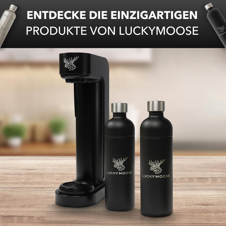 Luckymoose® Infinity Wassersprudler mit 2x 1,25L Edelstahlflaschen - Spart bis zu 25% CO2 dank Stopp