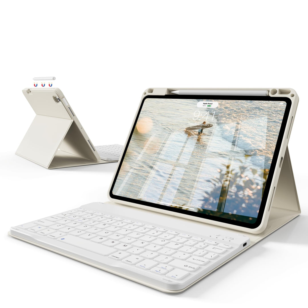 Tastatur Hülle für iPad A16 11. Gen/iPad 10. Gen, QWERTZ, Cremeweiss | Kabellose Magnetische Tastatu
