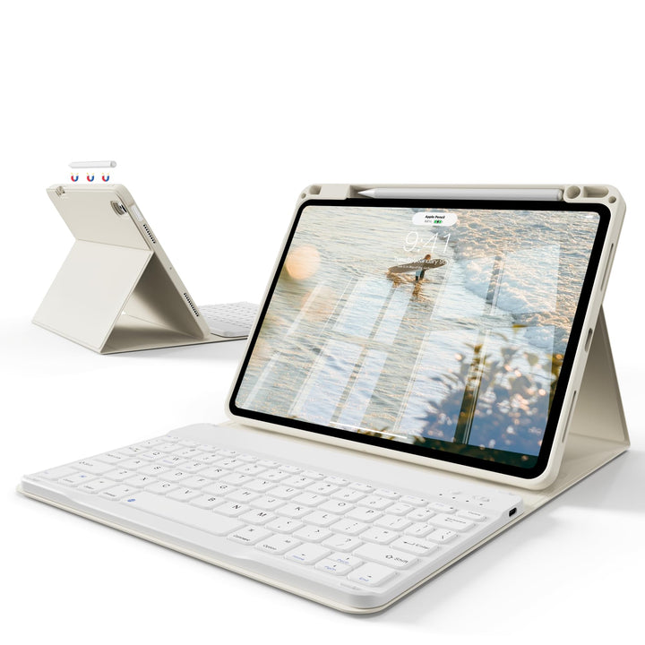 Tastatur Hülle für iPad A16 11. Gen/iPad 10. Gen, QWERTZ, Cremeweiss | Kabellose Magnetische Tastatu