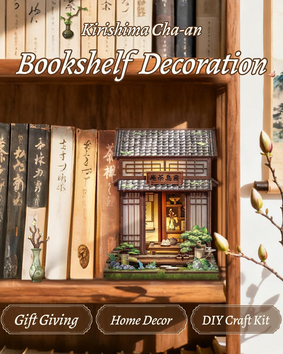 CUTEBEE Book Nook Kit - Puppenhaus für Erwachsene, DIY Miniatur Japanisches Tee Haus Selber Bauen Ba
