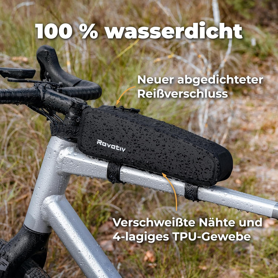 Rovativ® Bikepacking Oberrohrtasche [1,8 Liter] 100% Wasserdicht - Top Tube Bag - extra Fester Halt