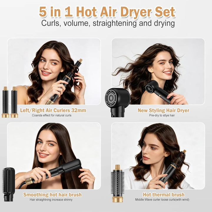 Hair Styler 5 in 1, Airstyler Haarstyler Set mit LCD-Bildschirm, Rundbürstenföhn, Warmluftbürste, Ai