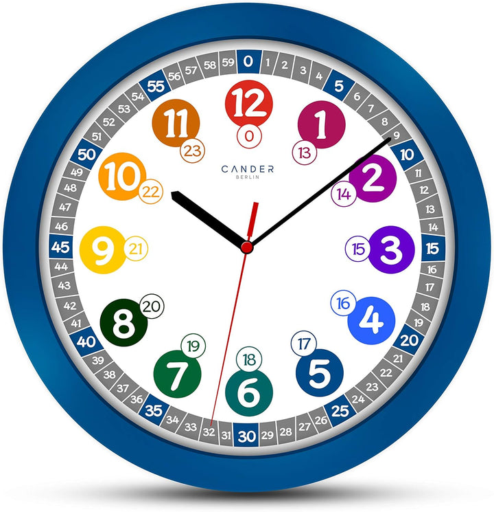 Cander Berlin MNU 1030 J Kinderwanduhr und MNU 1009 J Kinderwecker lautlos blau Lernuhr Wecker Kinde