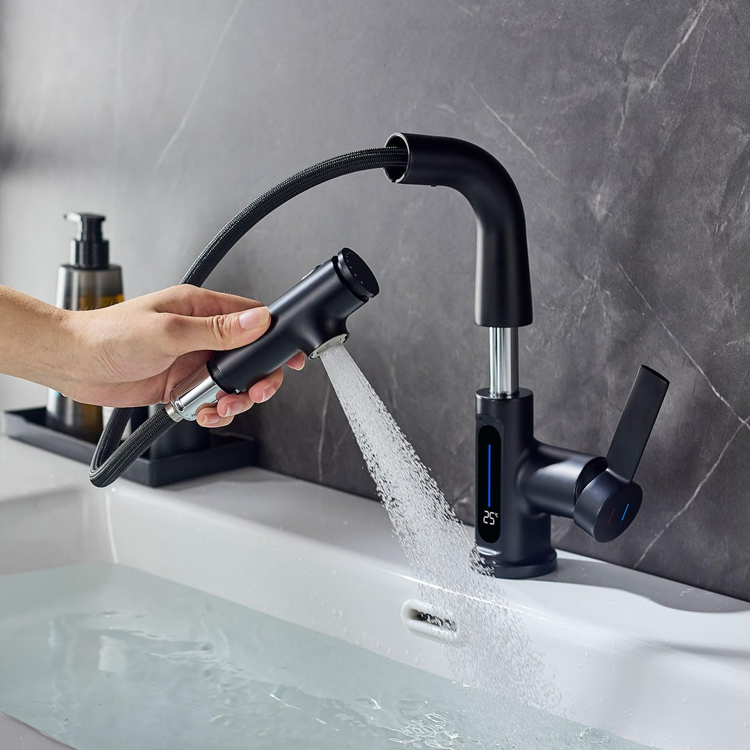 Waschtischarmatur mit LED Temperaturanzeige Ausziehbar Wasserhahn Bad,Einhebelmischer Badarmatur Was