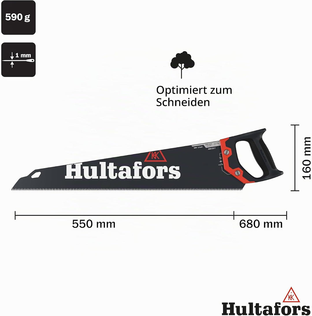 Handsäge 550mm von Hultafors I 7 Zähne pro Zoll I Säge für Holz &amp; Laminat I 45° &amp; 90° Markierung I M