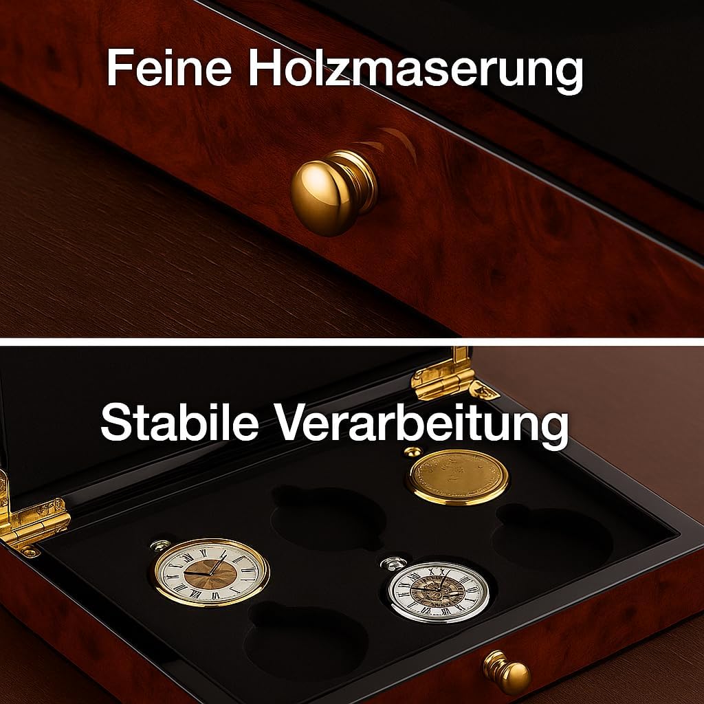 SELVA Taschenuhr-Schatulle für 6 Uhren, Gehäuse in hochglänzender Ulmenholz-Optik, Schublade mit Mag