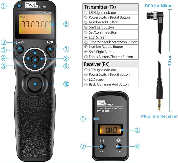 Pixel TW283-DC0 Kabellose Fernauslöser Funkausloeser Timer Intervalometer Kompatibel mit Nikon D3 D4