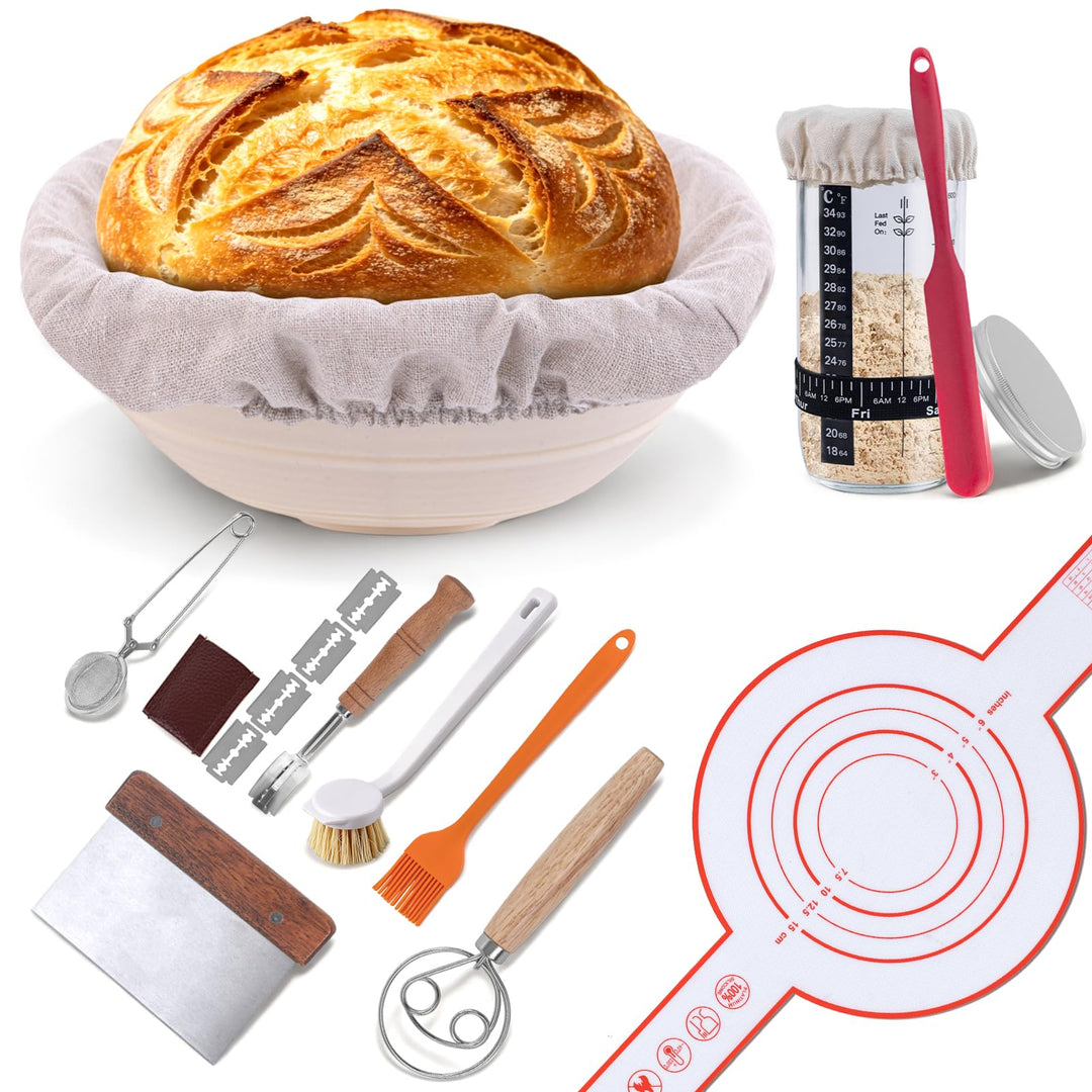 Sauerteig Starter Set, Sauerteig Glas, Runde Gärkörbchen für Brot Gärkorb mit Abdeckungen, Geschenk