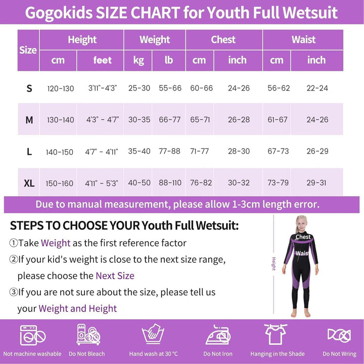 Gogokids Neoprenanzug Kinder, 8-16 Jahre Neopren Thermal Badeanzug, Front Zipper Lang Taucheranzug,