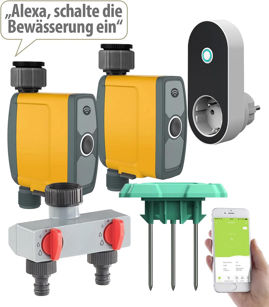 Royal Gardineer WLAN Wasserhahn: WLAN-Bewässerungscomputer, 2-Wege-Verteiler, Feuchtigkeitssensor, A