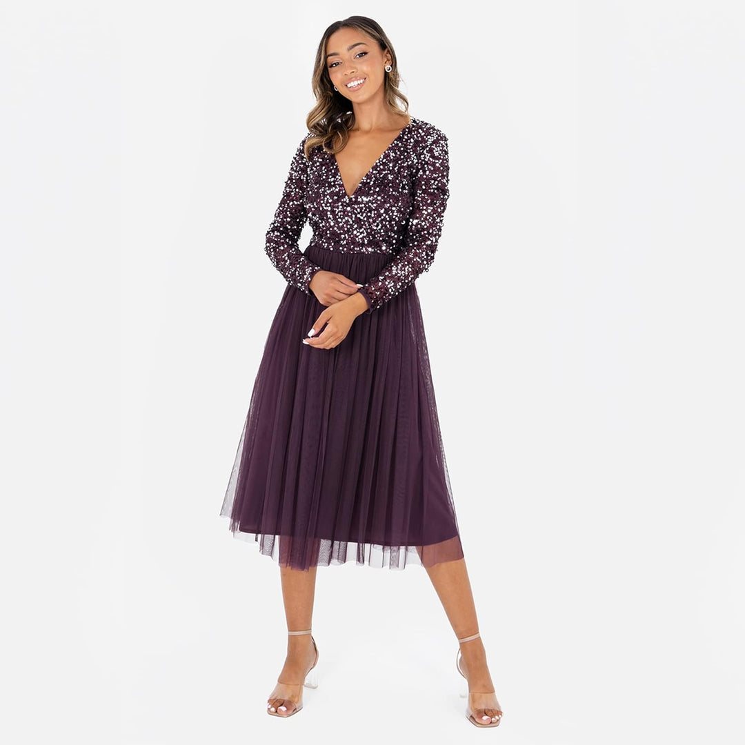 Maya Deluxe Midi Elegant Hochzeit Ärmel Tiefer V Ausschnitt Pailletten Cocktailkleid Abschlussball B