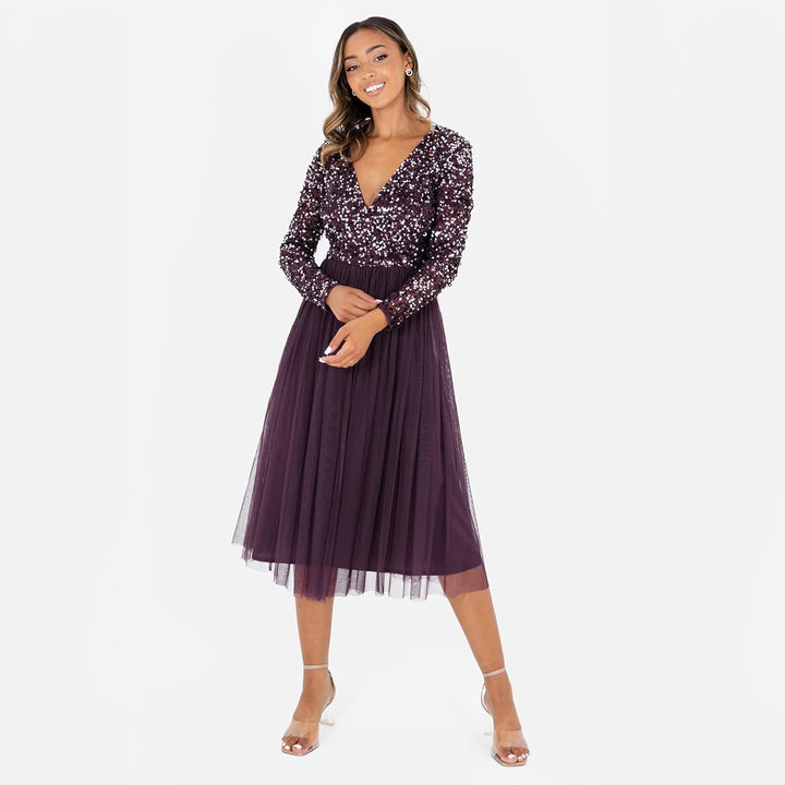 Maya Deluxe Midi Elegant Hochzeit Ärmel Tiefer V Ausschnitt Pailletten Cocktailkleid Abschlussball B