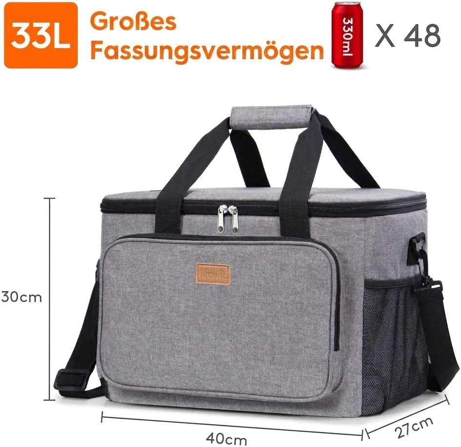 Lifewit Kühltasche klein, Isolierte Cooler Bag, Lunchtasche 32L 48 Dosen Grau 32L, Grau 32L