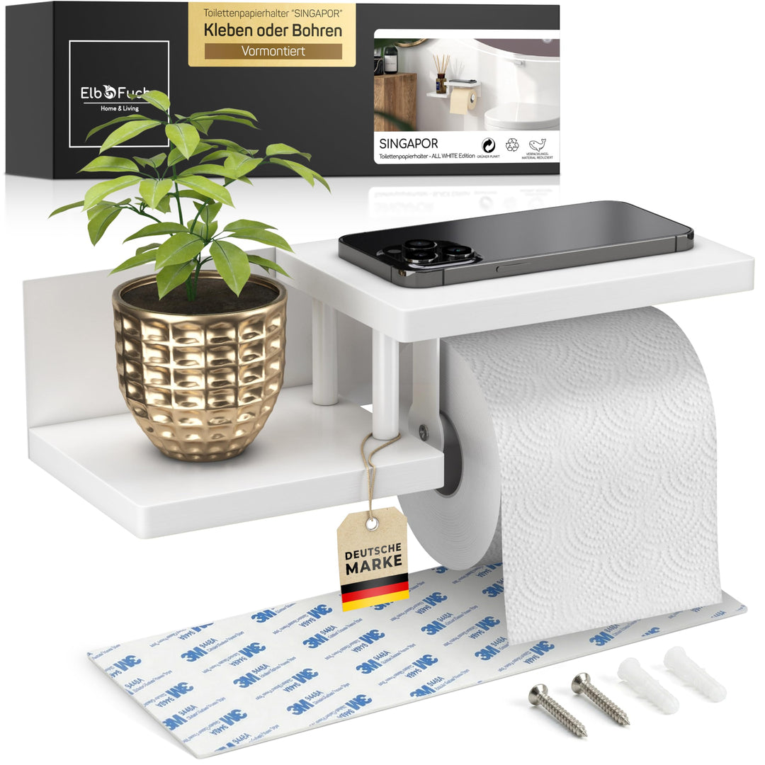 Toilettenpapierhalter Holz Bambus komplett weiss [KLEBEN oder Bohren] | hochwertiger Klopapierhalter