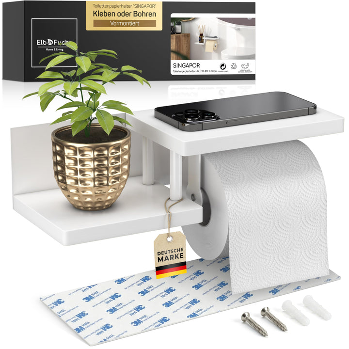Toilettenpapierhalter Holz Bambus komplett weiss [KLEBEN oder Bohren] | hochwertiger Klopapierhalter