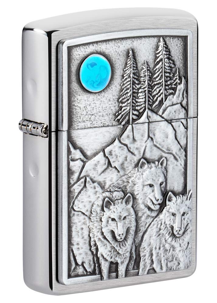 Zippo Wolf Feuerzeuge Gebürstetes Chrom Wolf Pack und Mond, Gebürstetes Chrom Wolf Pack und Mond