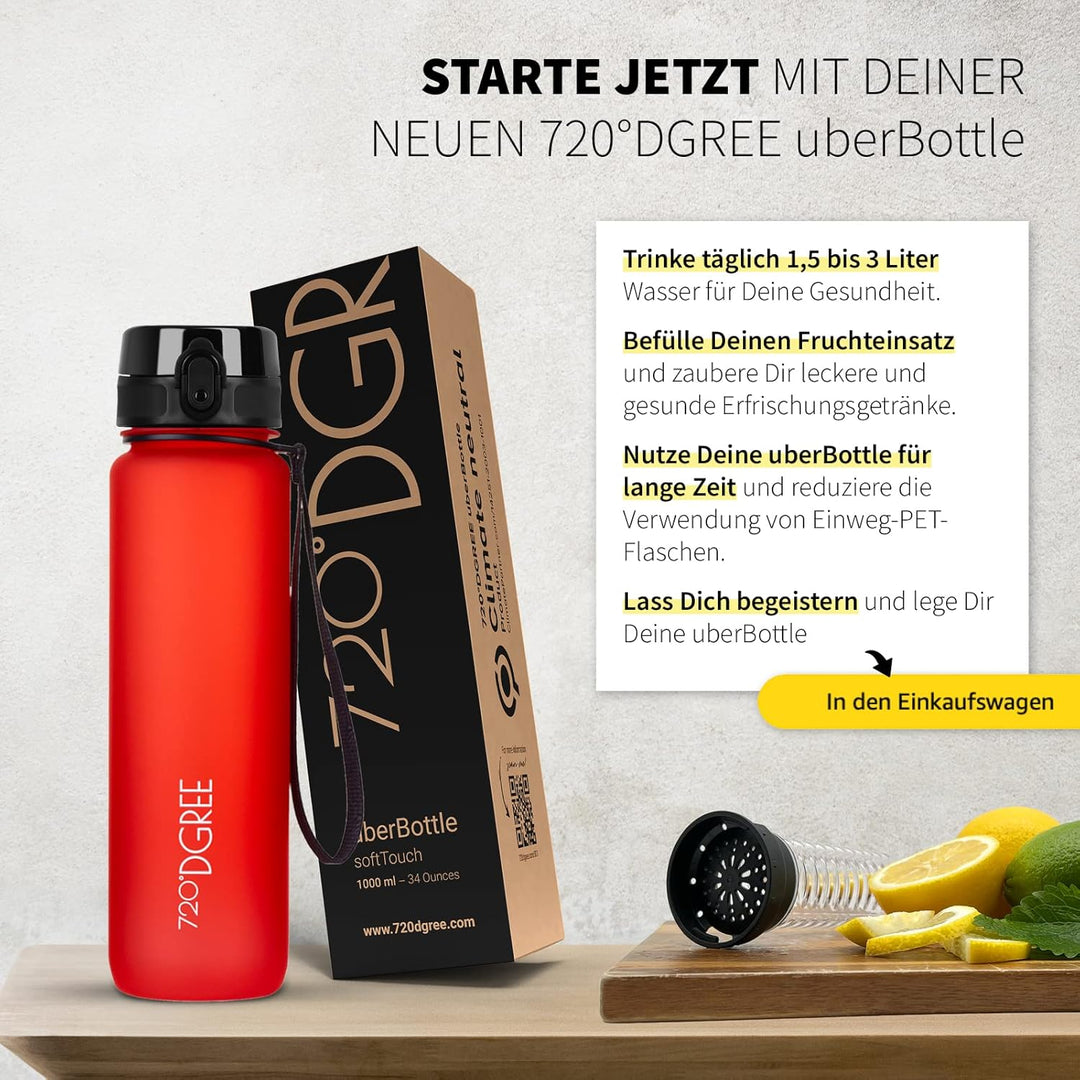 720°DGREE Trinkflasche 1l “uberBottle“ softTouch +Früchtebehälter - BPA-Frei - Schlanke Wasserflasch