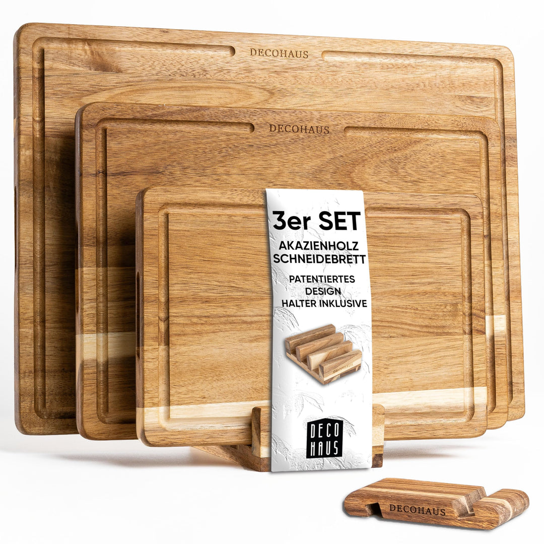 Deco haus Schneidebrett Holz 3er Set aus Robustem Akazie [2cm DICKE] - Schneidebretter mit Saftrille