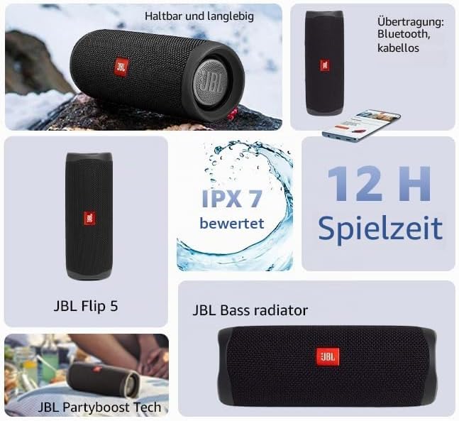 JBL Flip 5 Bluetooth Box (Wasserdichter, portabler Lautsprecher mit umwerfendem Sound, bis zu 12 Stu