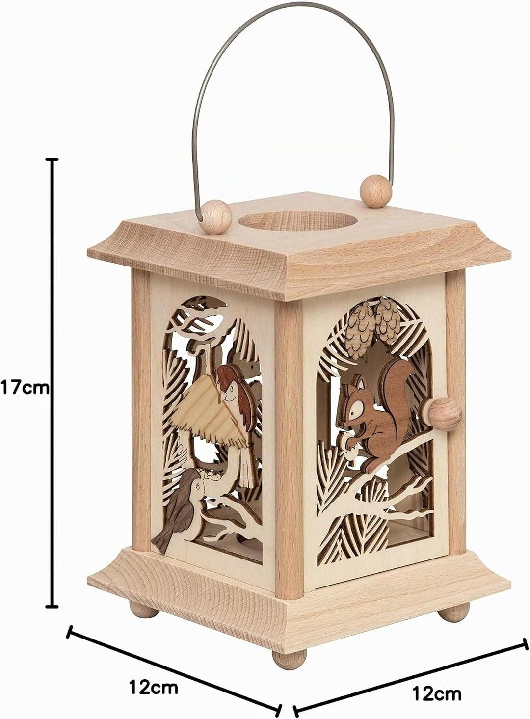 Drechslerei Kuhnert Tischlaterne/Teelichthalter - Motiv: Eichhörnchen mit Vögeln aus Edelholz - Mass