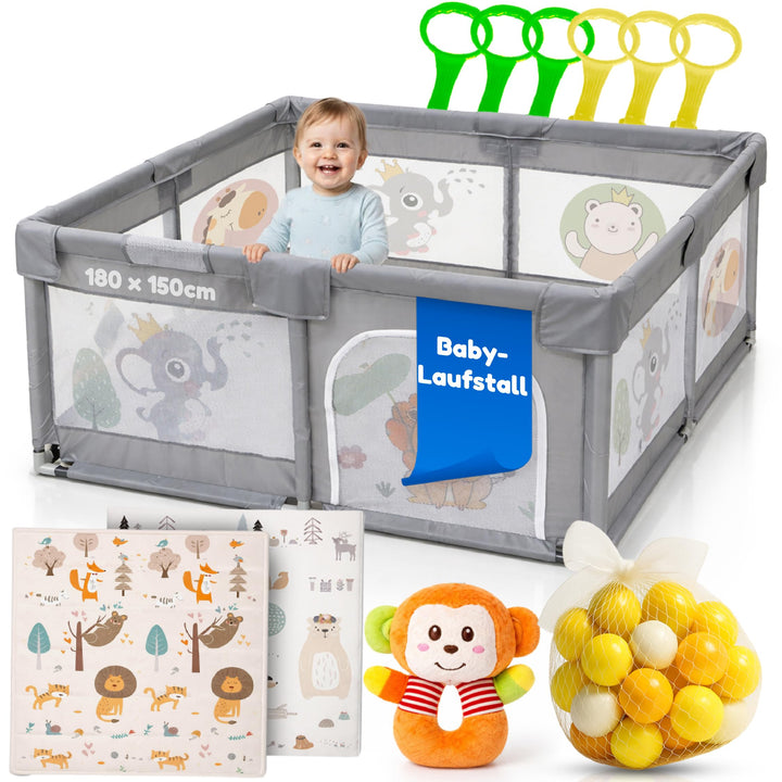 Laufstall für Babys, 150x180 cm, Babymatte, 60 Bälle, Griffe, Tragetaschen, Laufstall mit atmungsakt
