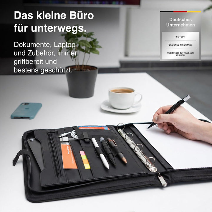 Vebon® Schreibmappe Ringbuch A4 Berlin I Reissverschluss + Klemmbrett I Konferenzmappe + Laptoptasch