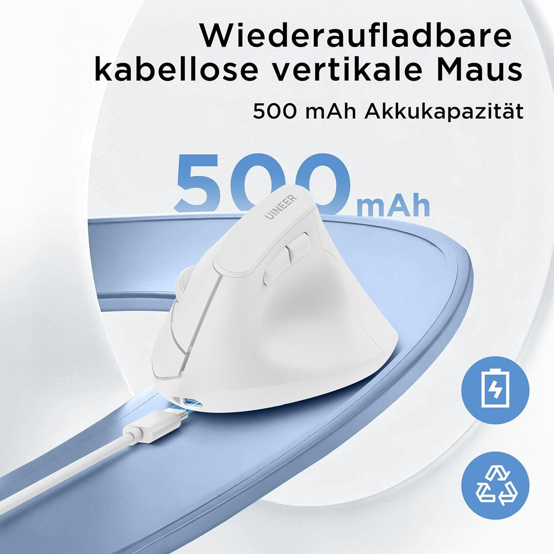 Uineer Vertikale Maus kabellos, 2,4G ergonomische Maus mit Akkuanzeige, 4 Stufen DPI, computermaus f