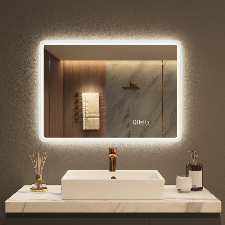 STARLEAD Badezimmerspiegel-mit-Beleuchtung 50x70cm, Dimmbar, 3 Lichtfarben, LED-Spiegel-Bad-mit-Blue